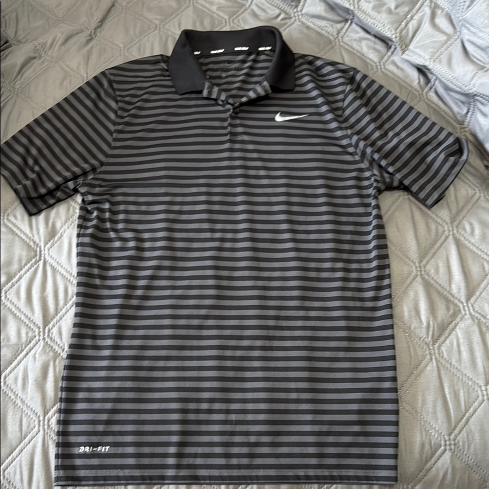 Nike Black and Gray Striped Polo Shirt